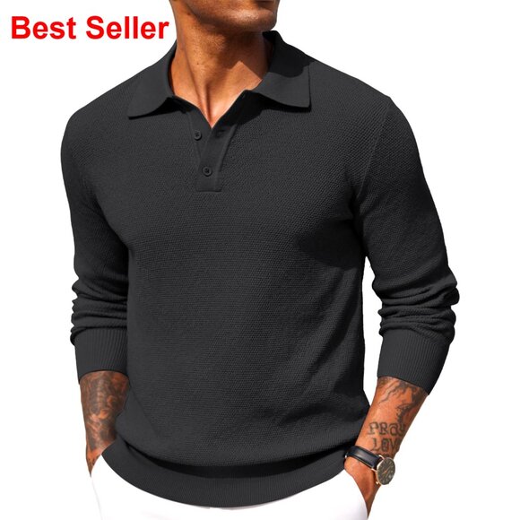Long Sleeve Knit Polo Shirt Waffle Textured Collared Sweater